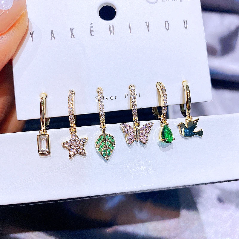 

Mixed Styles 6pcs Leaf Bird Butterfly Dangle Earrings Set for Women Green Cubic Zircon Party Jewelry