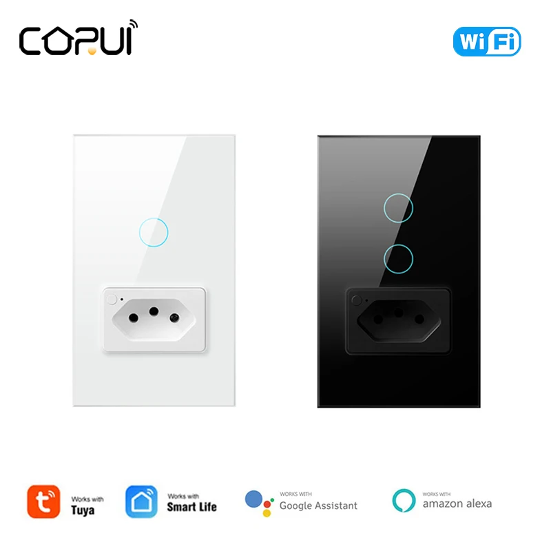 

CoRui WiFi Tuya Brazil Wall Switch Socket Touch Glass Panel 1/2gang Outlet Smart Life App Remote Timing With Alexa Google Home