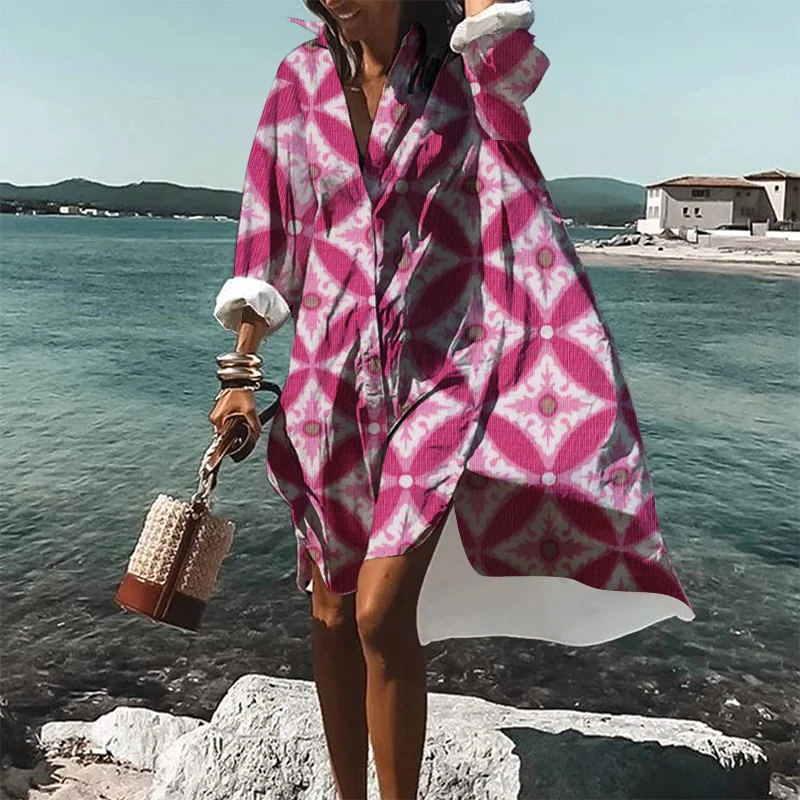 

2023 Fashionable and Comfortable Split Design Dress for Women's Plus Size Retro Floral Round Long Sleeve Polo Neck Shirt Dress