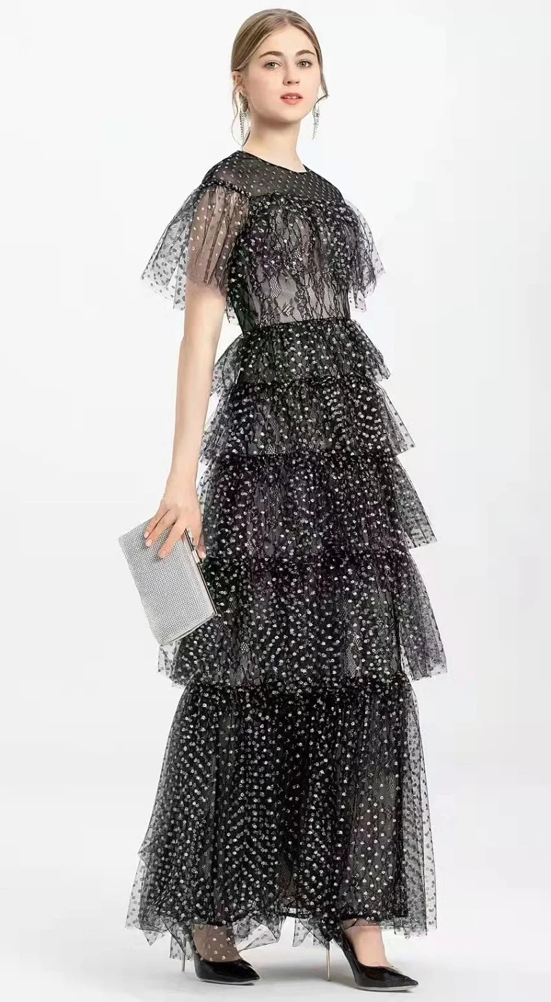 

Женское длинное вечернее платье в горошек, кружевное Лоскутное Платье макси с каскадными оборками, весна-лето 2023