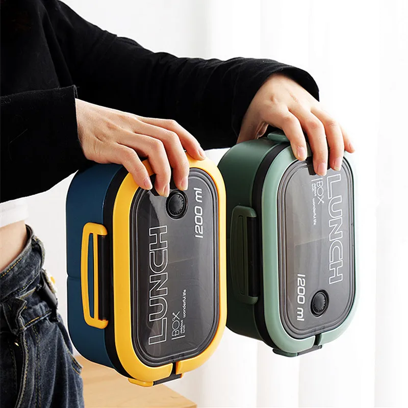 

Lunch Box 2 Layers Grids Student Office Worker Microwave Hermetic Bento Box Outdoor Picnic Fruit Food Container with Fork Spoon