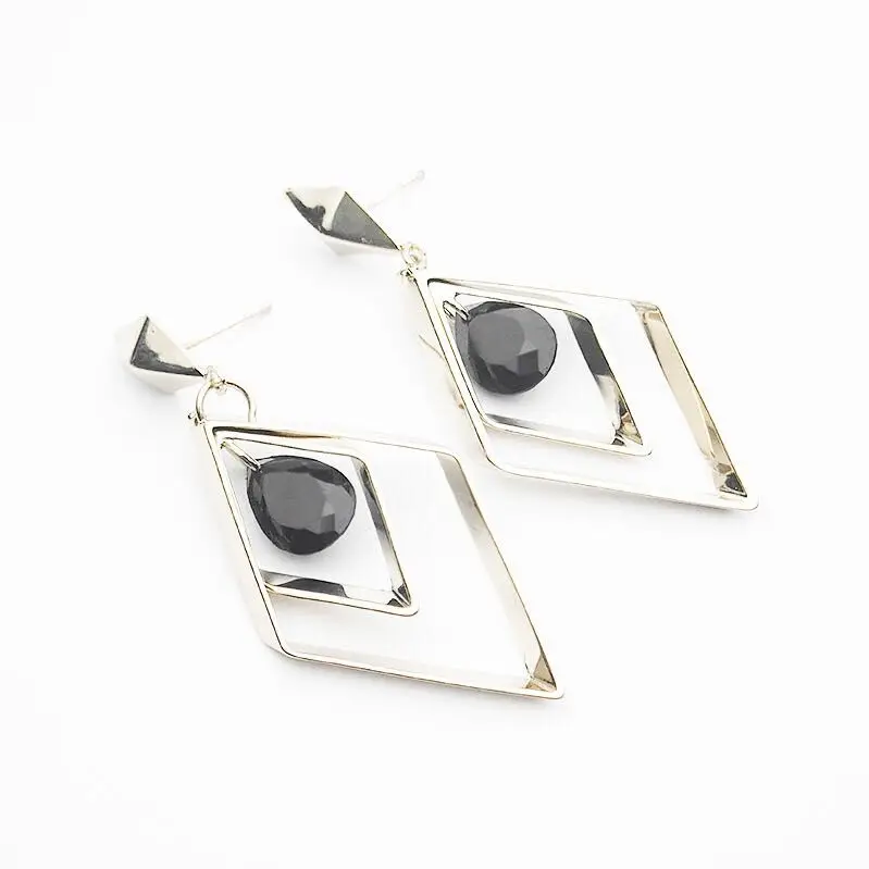 30% Silver Plated Trendy Rhombus Design Black Crystal Ladies Tassel Stud Earrings Promotion Jewelry Women Anti Allergy |