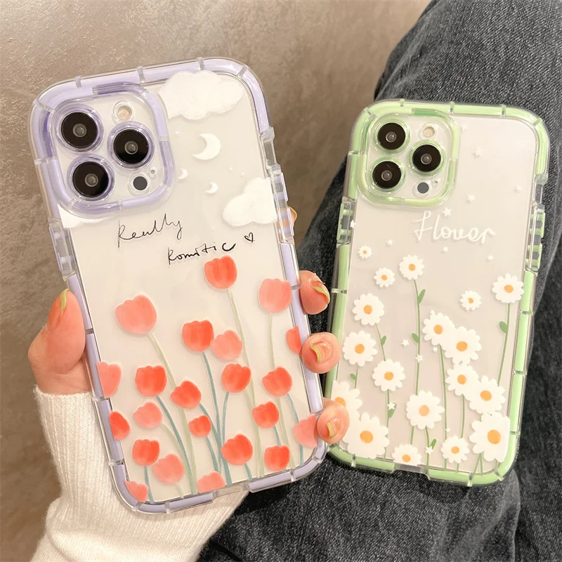 

Summer Watercolor Oil Painting Tulip Daisy Luminous Case For IPhone 13 12 11 Pro XS Max XR X Fashion Lens Protection Soft Cover