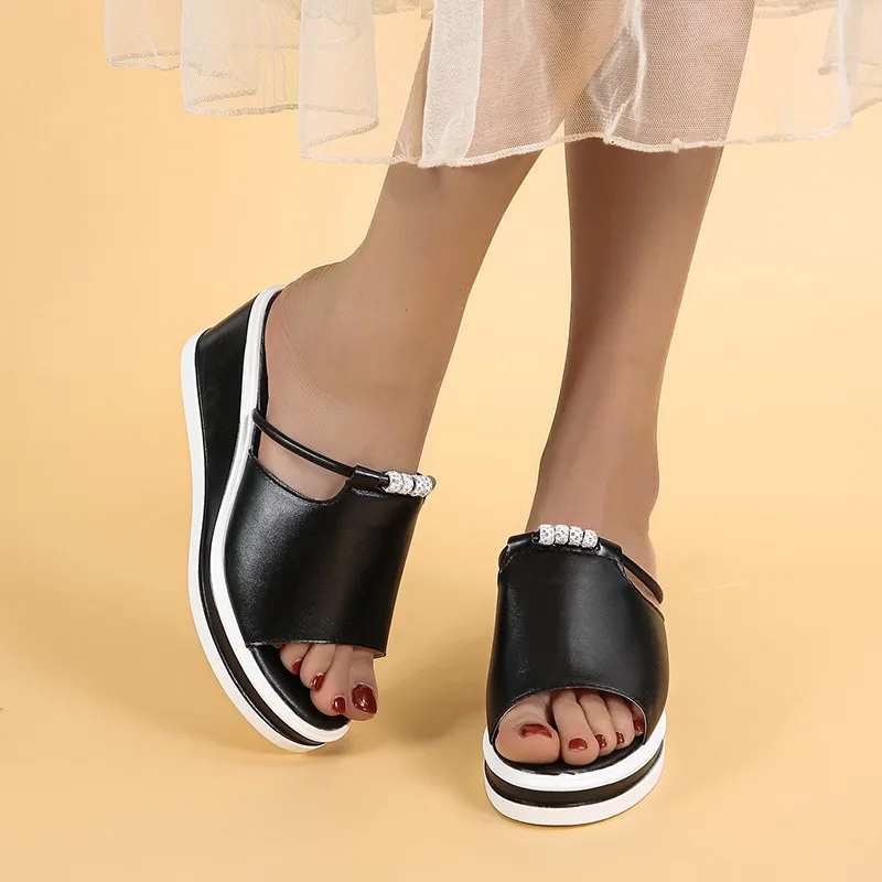 

Wedge Heel Sandals Women 2022 Summer New Thick Bottom Color Matching Fish Mouth Rhinestone One-word Flip Flops Women's Shoes
