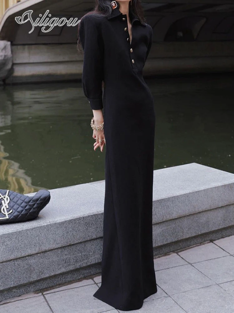 

Ailigou 2022 New Fall Women's Elegant Long Sleeves Black Button Skinny Long Dress Women's Sexy Lapel Celebrity Party Dresses
