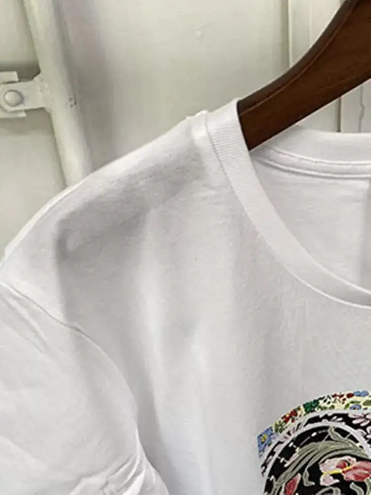 

Women T-Shirt Floral Letter Printed O-Neck Short Sleeve White Cotton Tees