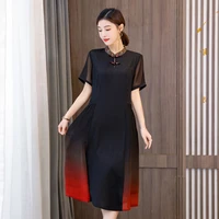 summer foreign style chiffon retro stitching embroidery mother dress half high collar robe femme ladies dresses