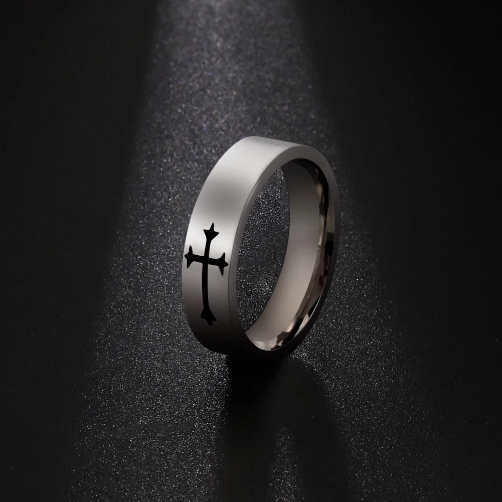 

Jeshayuan Personality Laser Marking Christian Cross Ring Men And Women Jewelry Stainless Steel Ring Gift Fashion Trendy