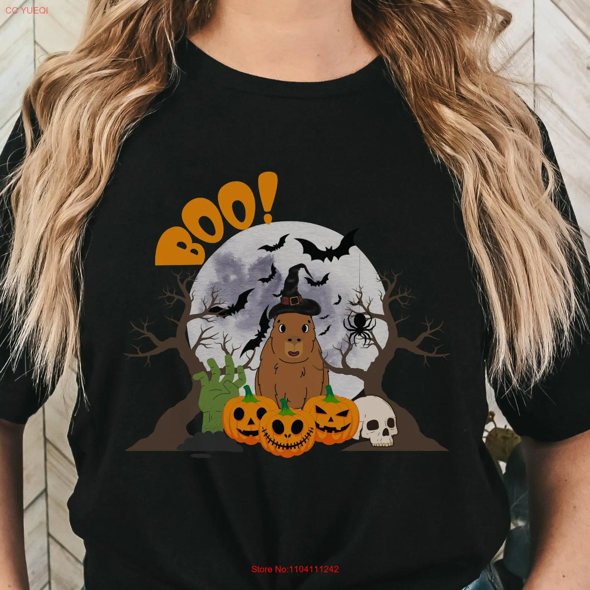 Капибара футболка жуткий сезон BOO милый Хэллоуин кавайный влюбленный длинный или