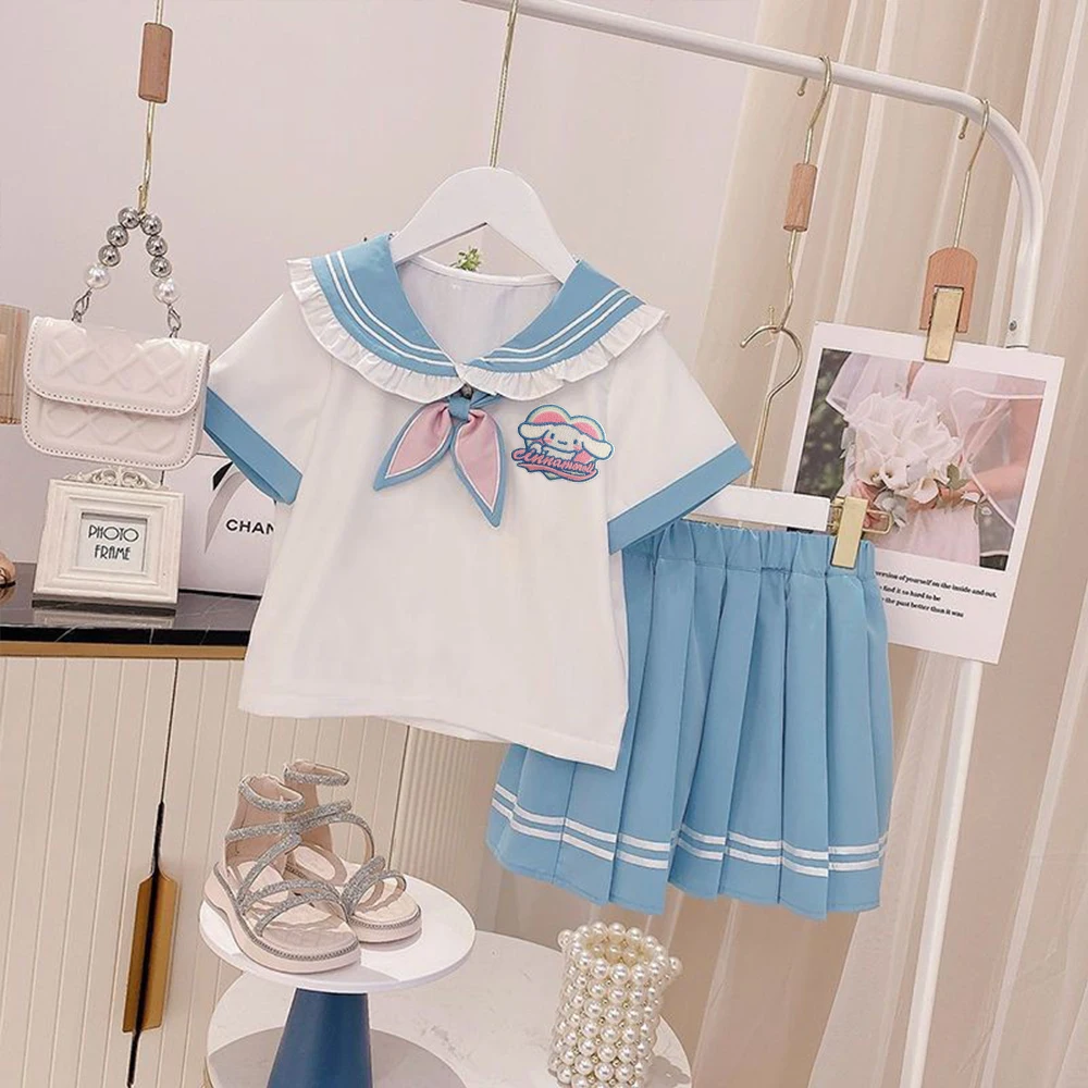 Sanrio Girls' Clothing Cinnamoroll Anime Jk Y2K Dresses Short-Sleeve Short Skirts Kawaii Shirt College Style Pleated Skirt Gift