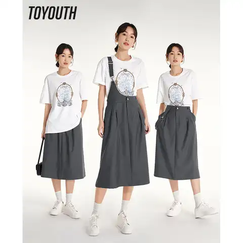 Toyouth Women Skirt 2023 Summer A Line Elastic Waist Loose Design Single Shoulder Strap Preppy Style Mid-length Skirt