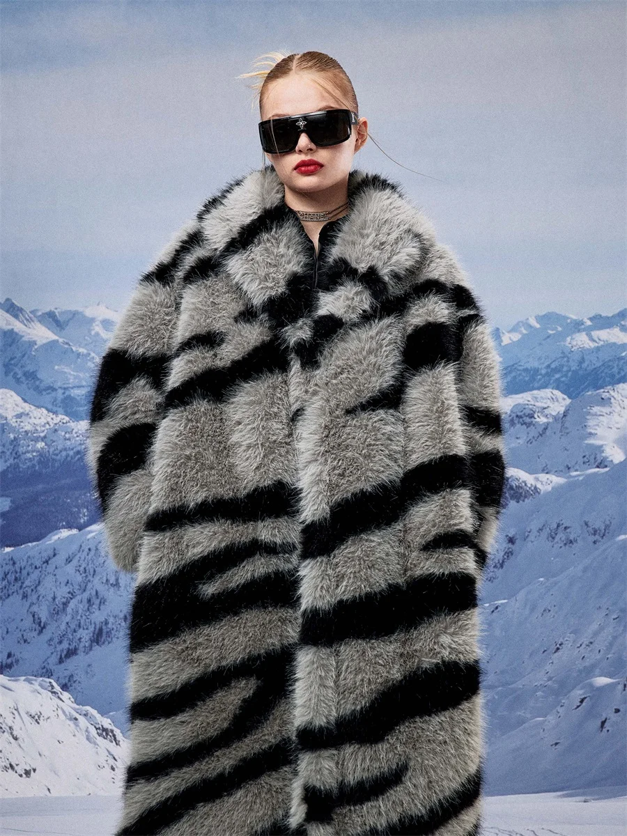 Coat Women's Gray Zebra Pattern Suit Collar Double Breasted Imitation Fur Thickened Warm Autumn and Winter Oversize Overcoat 1Pc
