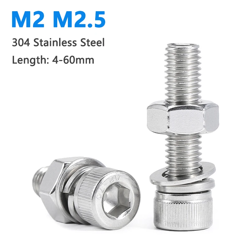 

M2 M2.5 304 Stainless Steel Hexagon Socket Head Cap Screw Nut Washer Spring 4 In 1 Set Extended Cylinder Head Combination Bolt