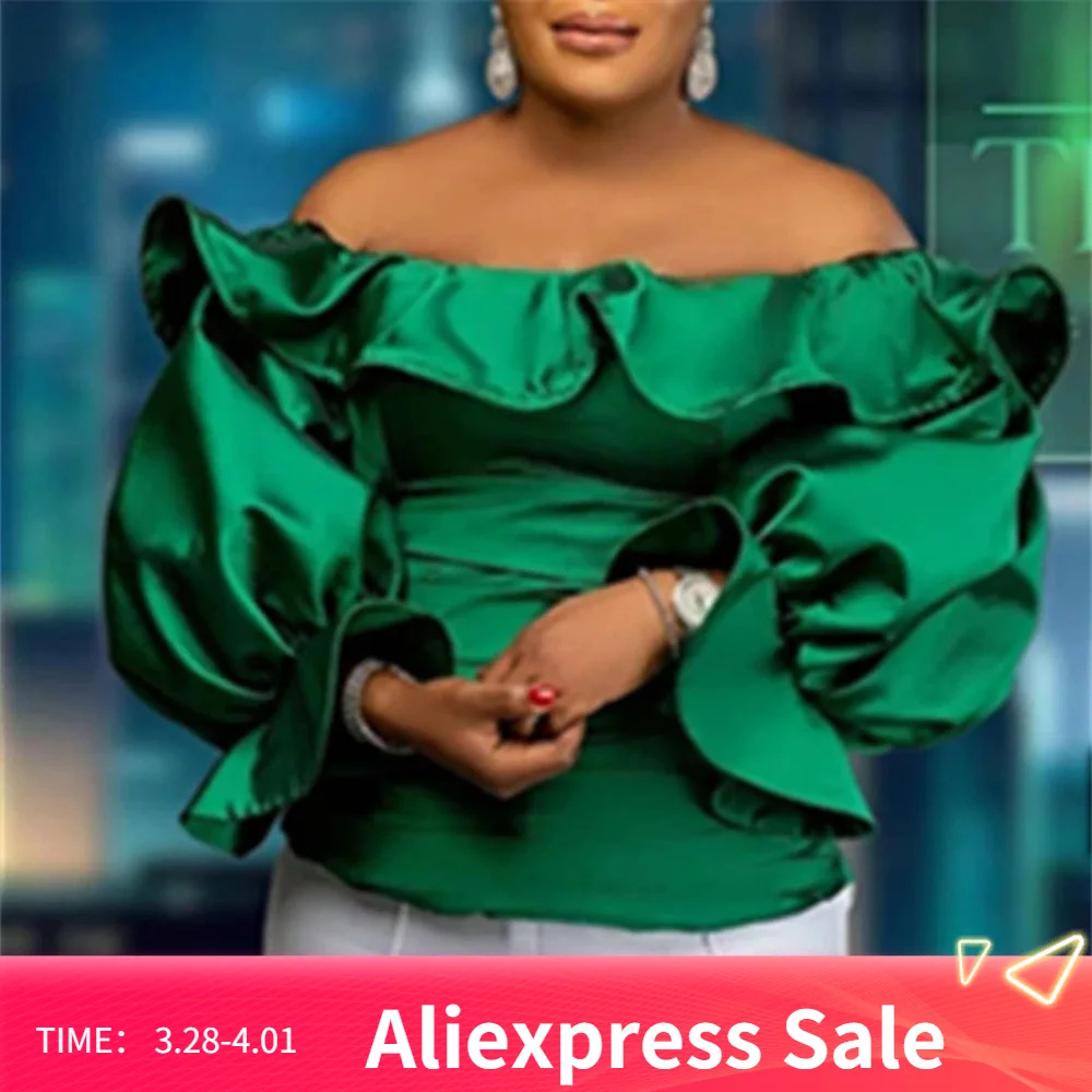 

Ruffle Sleeve Sexy Green Slash Neck Party 2022 Blouse Shirts Fashion African Autumn High Waist Shirts Club New Blousa Lady
