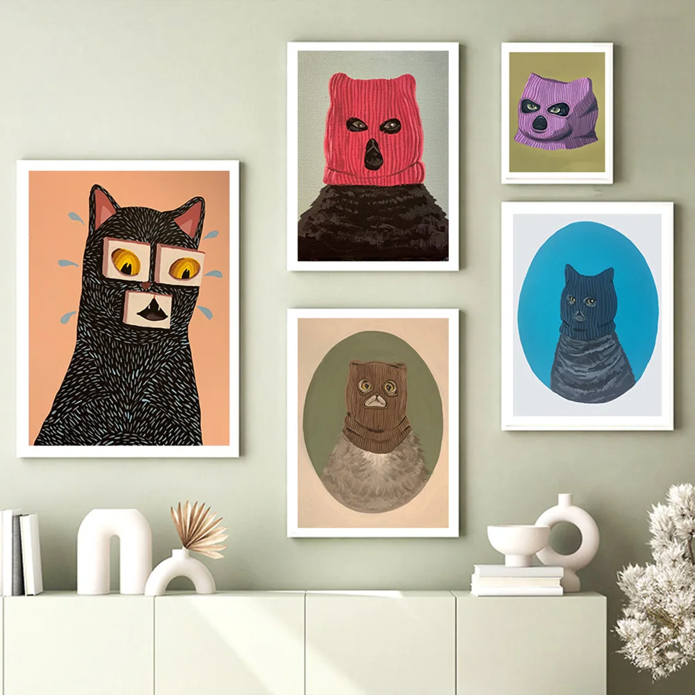 

Vintage Animals Cats with Mask Poster Wall Art Canvas Painting Posters Print Retro Minimalist Wall Decor for Bathroom Home Decor