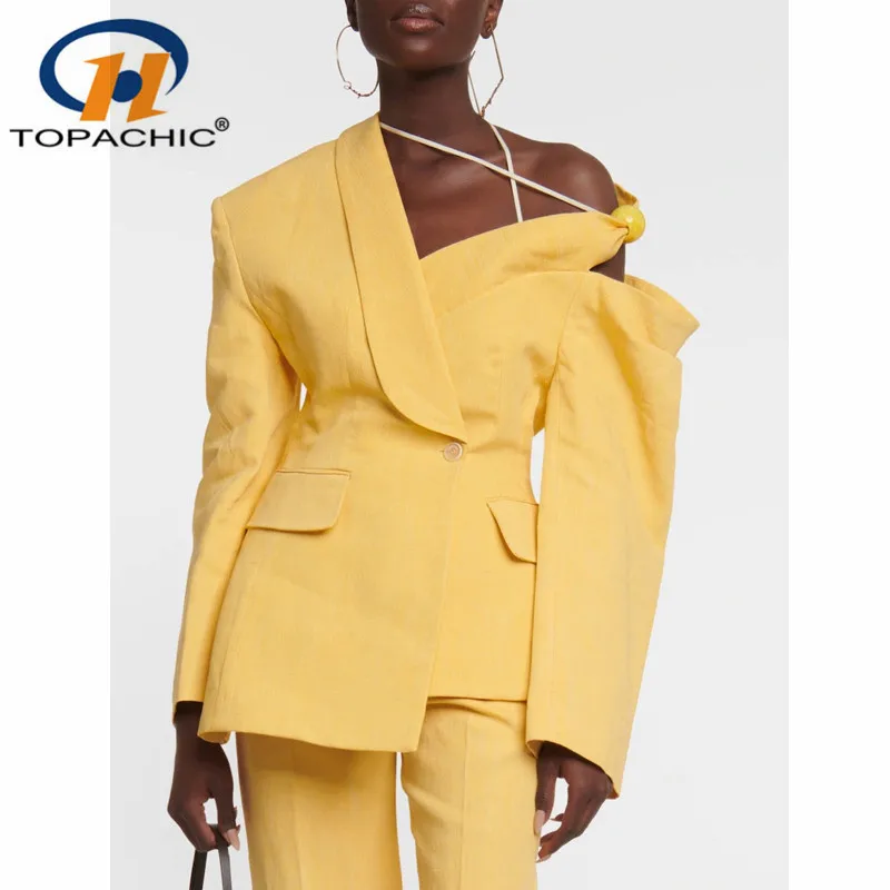 

5.4 High Quality Luxury Temperament Off-Shoulder Asymmetrical Design Single Button Slim Long Sleeve Blazer Women