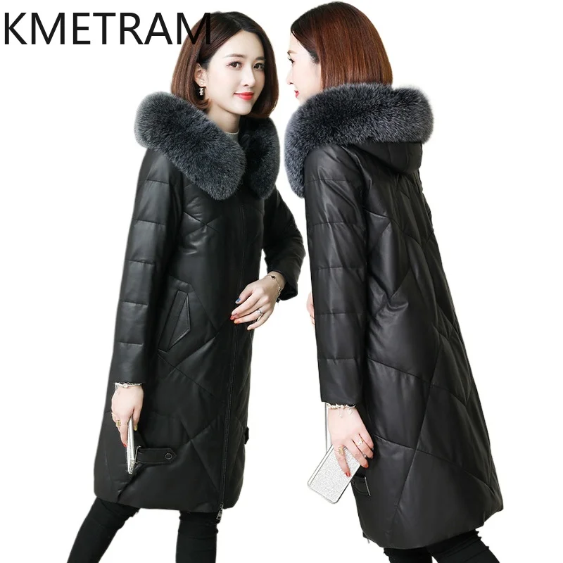 Женская куртка-пуховик из натуральной кожи белого гусиного пуха длинные