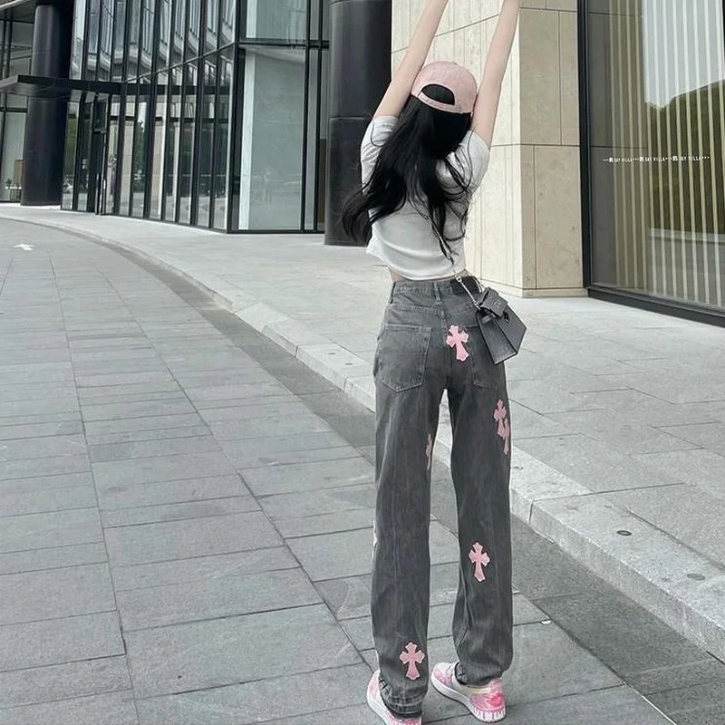 

Baggy Jeans Women Pink Cross Denim Straight-Leg Pants Woman Loose Plump Girl High Waist Loose and Slimming Wide-Leg Pants Tide