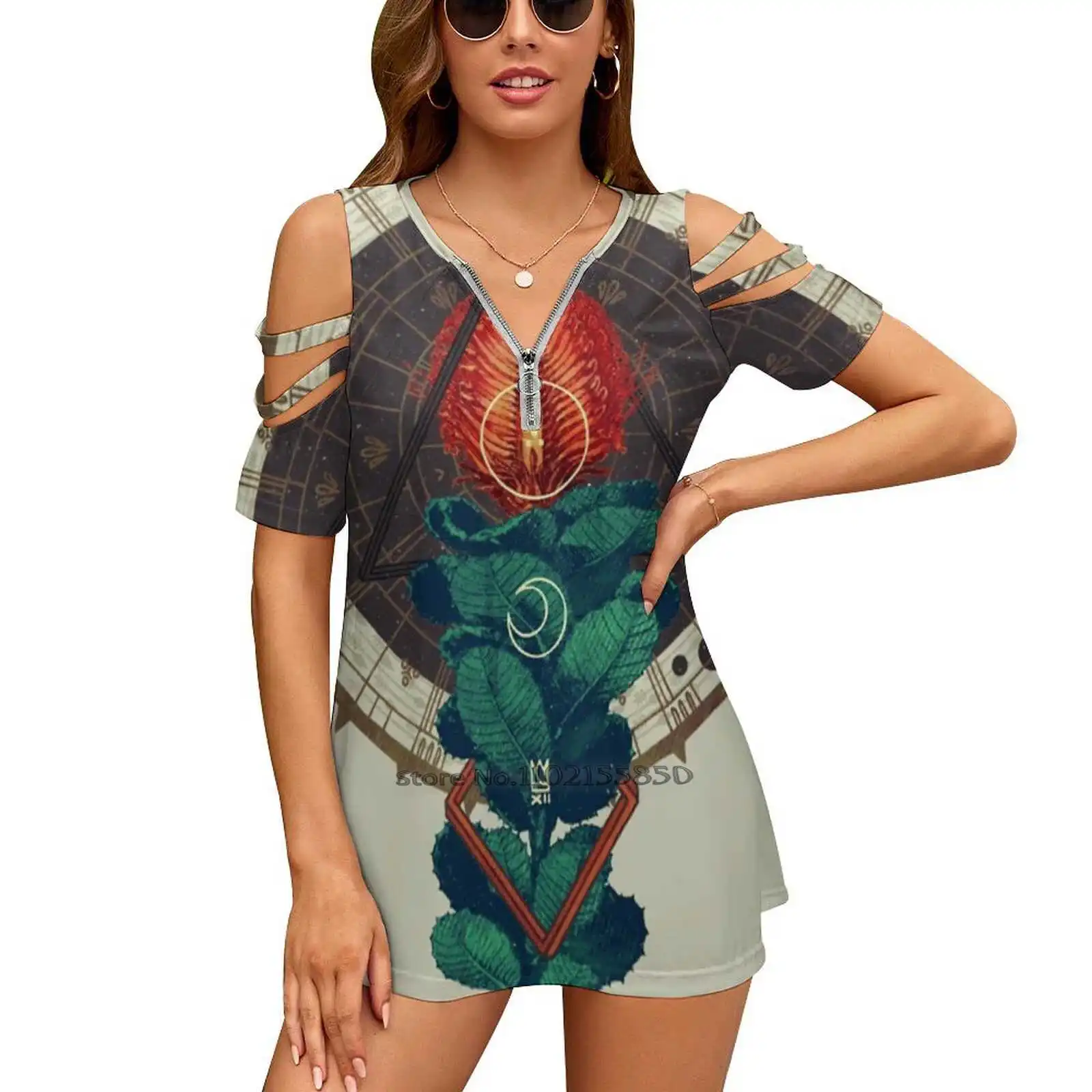 

Birth Woman Tshirts Printed Tops Zipper V-Neck Top Fashion Graphic T Shirt Createarthistory Flower Flora Geometric Sacred