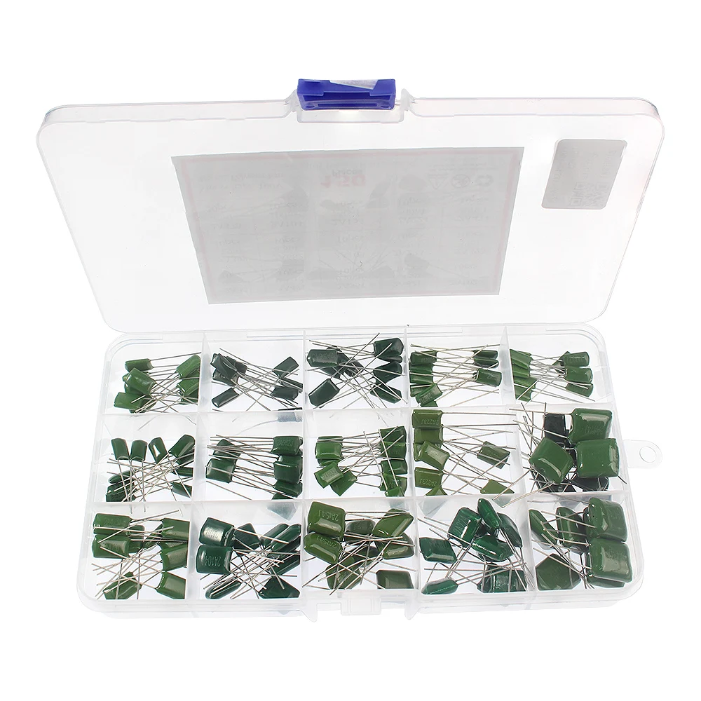 

150PCS 2A331J-2A474J 100V Polyester Capacitor kit 15 Value Metal Film Polyester Capacitors Set Electronic Componen Box