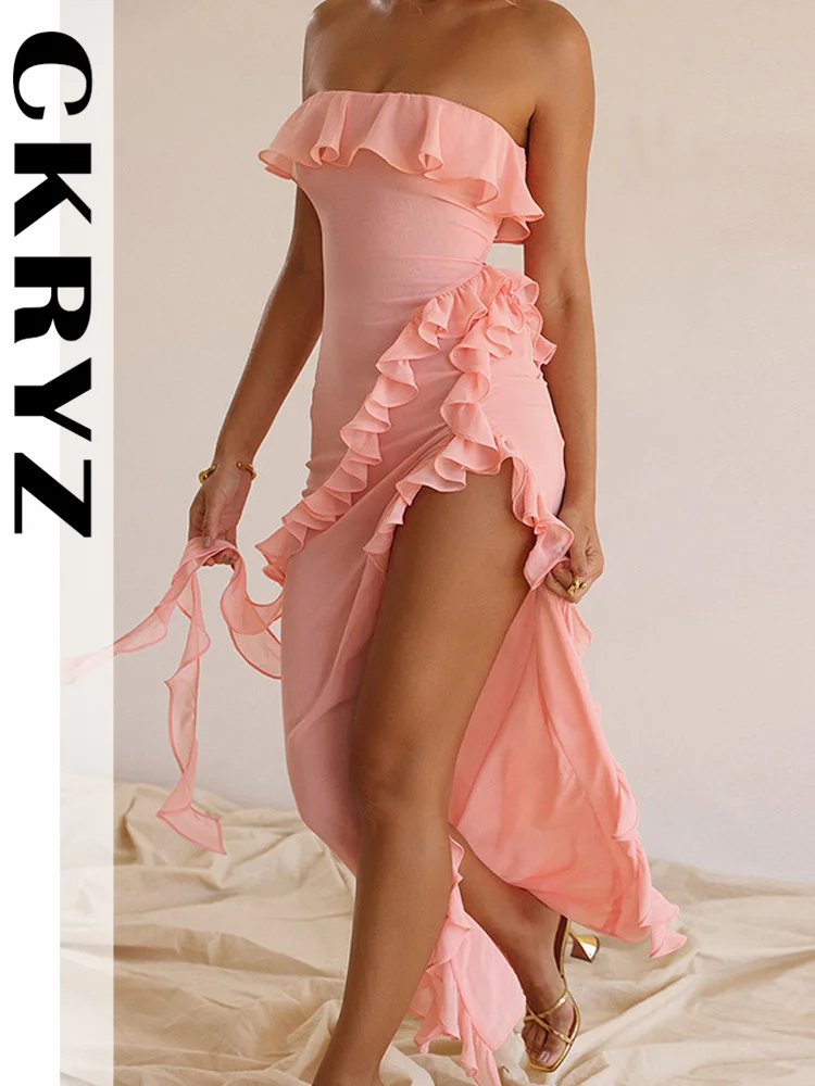 

Ladies Sexy Night Clubwear Ruffle Y2K Summer Outfits For Women Sleeveless Backless Side Slit Bodycon Maxi Dresses Birthday Party