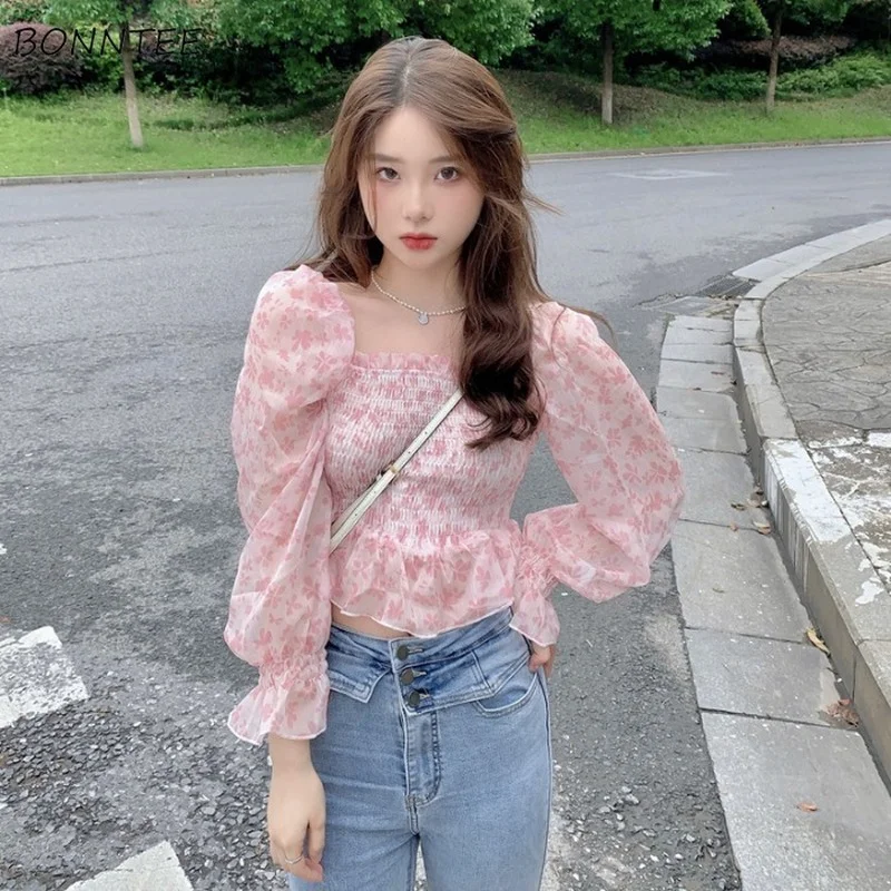 

Blouses Women Chiffon Slim Folds Square Collar Floral Sweet Elegant Prairie French Style Tender Crop Classic Mujer Блузки Ins