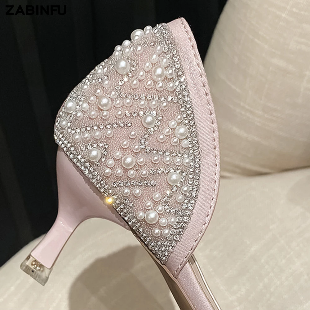 Women Low Heels 2023 Luxury Women Shoes Studded With Pearls Rhinestone Sexy Wedding Shoes Bride Elegant Slip On Party Prom Shoes