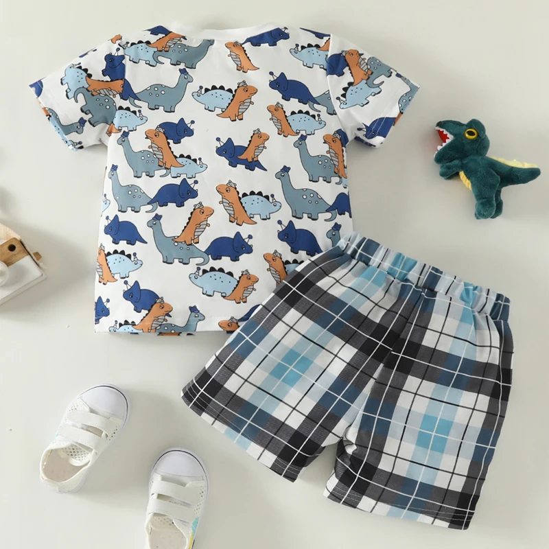 

3-7Y Toddler Baby Boys 2PCS Shorts Sets Short Sleeve Dinosaur Print Tops and Plaid Shorts Pants Kids Clothes Sets Summer Outfits