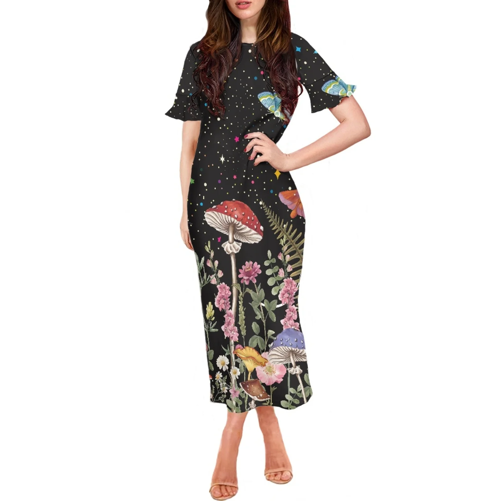 

Starry Mushroom Designs Printed Polynesian Tribe Hawaiian Party Short Sleeved Dresses For Women With Luxurious Lotus Sleeves