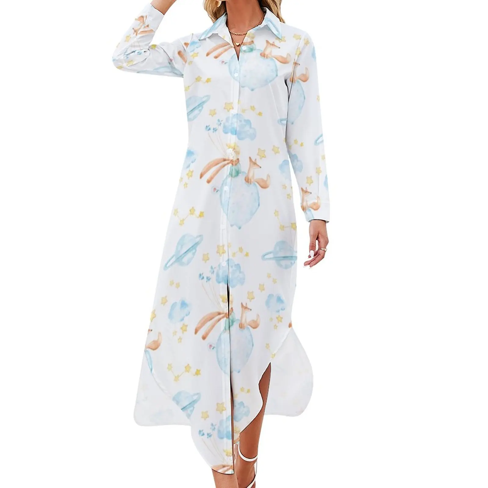 The Little Prince Casual Dress Funny Cartoon Print Korean Fashion Dresses Sexy V Neck Beach Chiffon Dress Long Sleeve Vestido