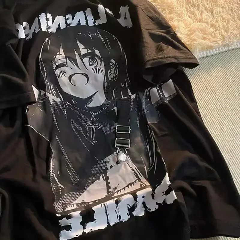 Забавная футболка Y2k с принтом и мультяшными ремешками для девочек большого