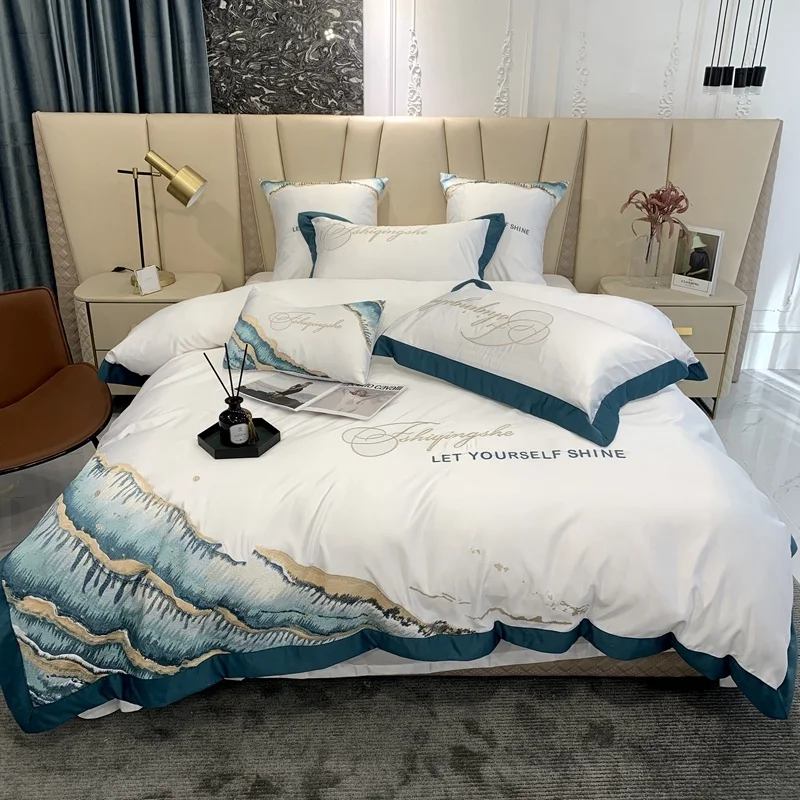 

Luxury Creative Abstract Flow Gold Sea Wave Embroidery Cotton Bedding Set Soft Silky Duvet Cover Flat/Fitted Sheet Pillowcase