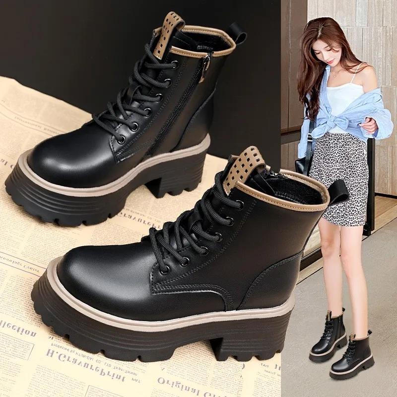 Thick Soled Boots Women's 2023 New Winter Plush British Short Boots Spring and Autumn Single Boots Fashion Boots