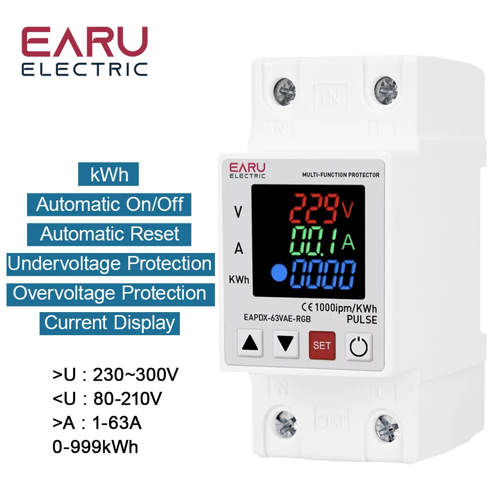 

EARUELECTRIC Мини реле защиты от перенапряжения и пониженного напряжения 63A 230V