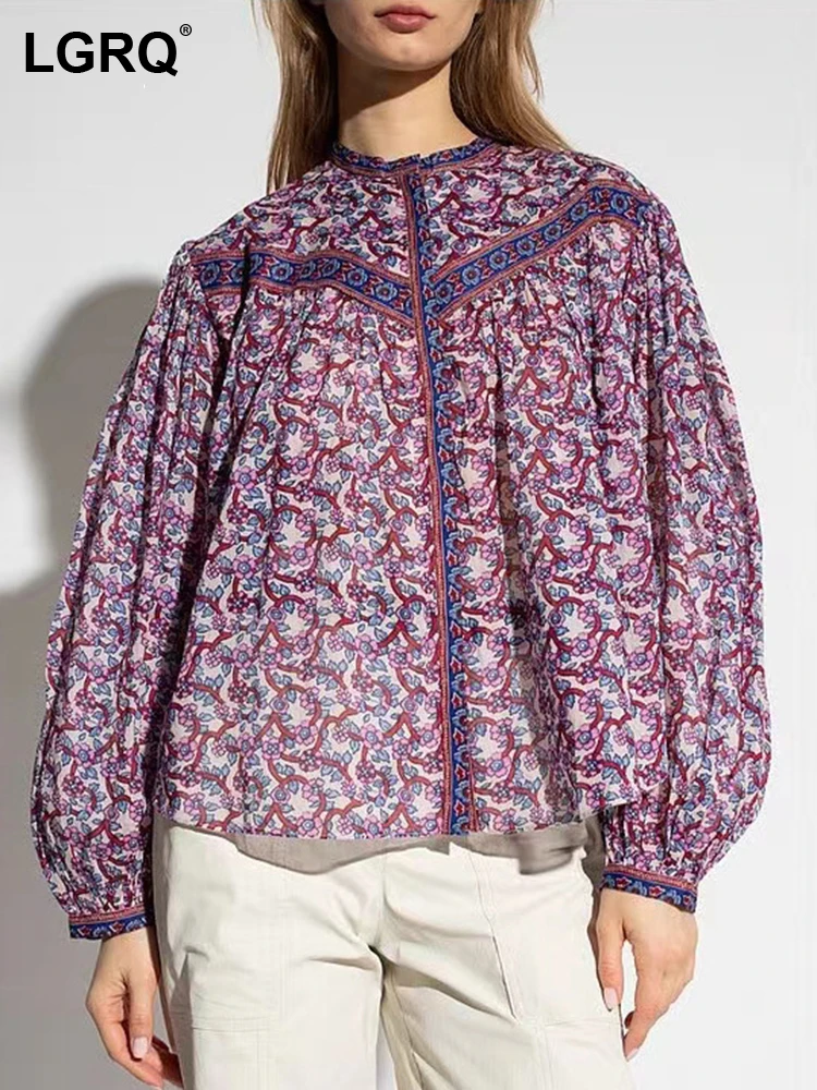 

LGRQ Trendy Girls Bohemian Printing Shirts Round Neck Lantern Sleeve Single Breasted Loose Blouses Women's Fashion 2023 19F1594