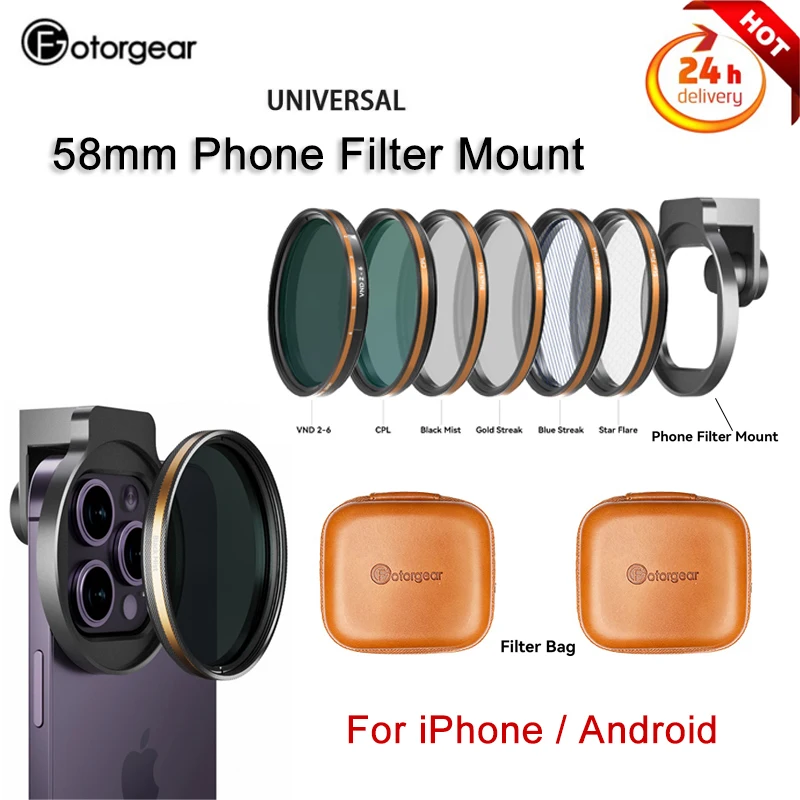 

Fotorgear 58 мм фильтр для телефона и сумка для хранения VND 2-6 CPL Черный Туман/золотые полосы/синие полосы/звездный расклешенный фильтр для iPhone Android