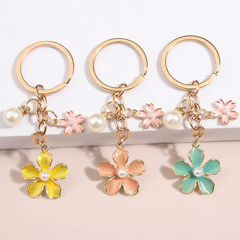 

Cute Plants Keychain Sakura Flower Pearl Key Ring Enamel Key Chains Friendship Gifts For Women Girls DIY Handmade Jewelry