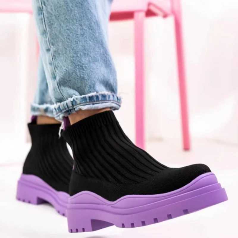 

Women's Short Boots Ankle Shoes Women Chunky Elastic Knit Comfortable Sock Platform Boot Female Botas Altas Net Red Couple Botas