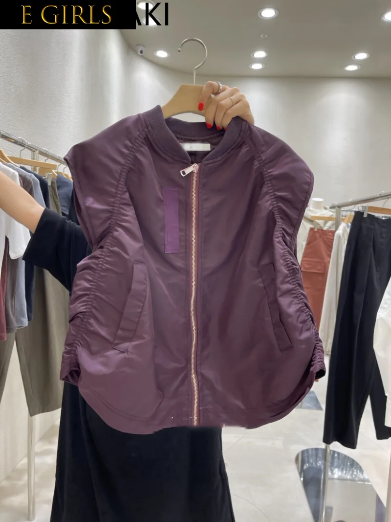 

E GIRLS Spring 2023 Pleated Design Zipper Vest Women Loose Casual Vintage Sleeveless Waistcoat Simple Streetwear Fashion Tank To