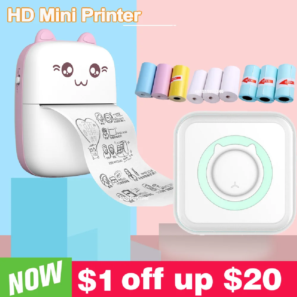 Portable Mini Thermal Printer Wirelessly BT 203dpi Photo Label Memo Wrong Question Printing With USB Cable Imprimante Portable