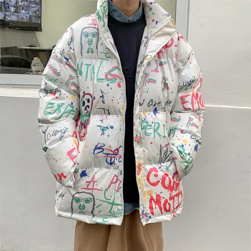 Letter Graffiti Puffer Jacket for Men Korean Fashion Trends Hip Hop Clothes Teen Oversized Streetwear Plus Size Bubble Warm Coat