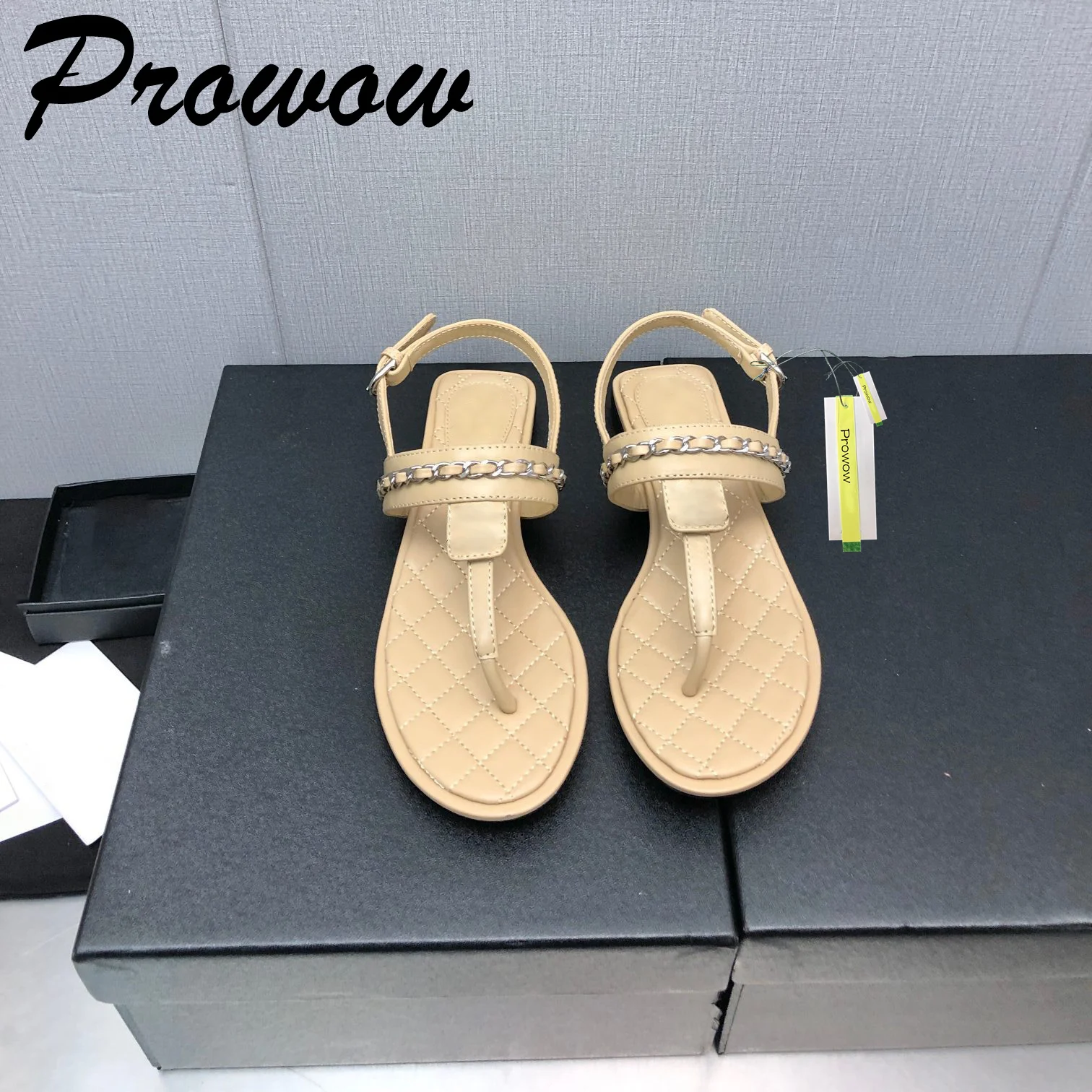 

Prowow New Genuine Leather Metal Chain Branded Sandals Ankle Strap Summer Vacation Flats Sandals Zapatos Mujer