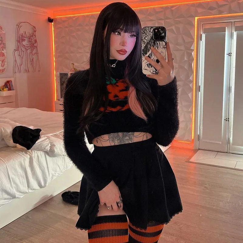 

Gothic Black Pumpkin Print Sweater for Women Autumn Winter Turtleneck Full Sleeve Slim Short Pullover Trends Halloween Partywear