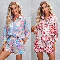 womens new printed seven sleeve shorts casual suit shirts matching sets for 2 peice women