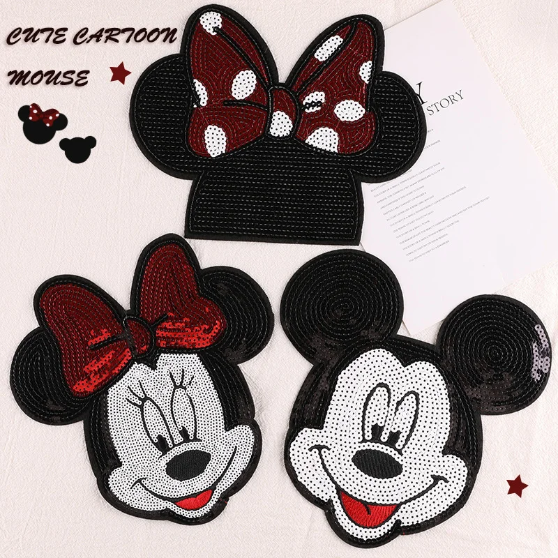 Sequins Mickey Mouse Clothing Patch Sew Embroidery Clothes Patch Disney Cartoon Minnie Patches Sweater Jeans Coat DIY Decoration