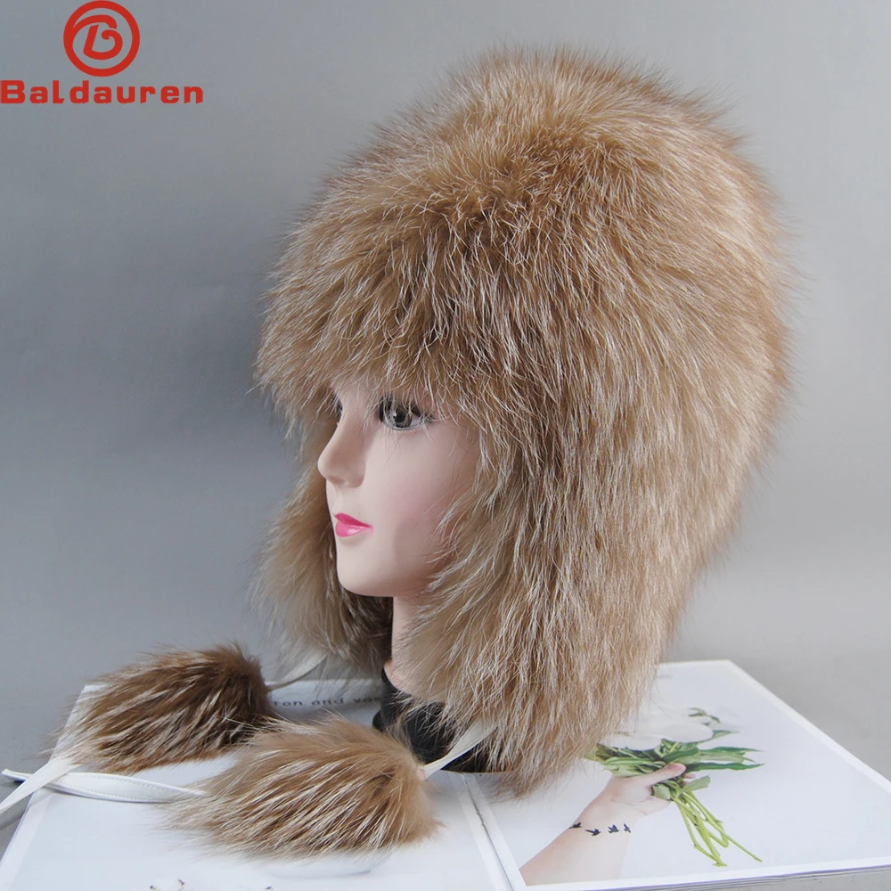 Lady Natural Fox Fur Hats for Women Real Fur Beanies Cap Knitted Hats Russian Winter Thick Warm Fashion Caps Silver Fox Fur Hats