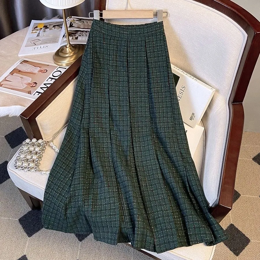 

autumn winter 2022 Woolen high waist vintage plaid skirt for women Fashion Long pleated Tweed skirt lady winter warm skirt jupe