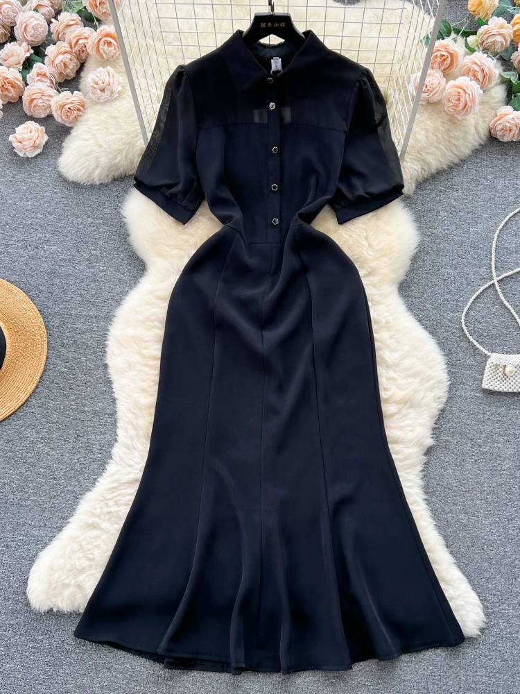 

Женское шифоновое платье Aibeautyer, винтажное однотонное короткое платье трапециевидной формы с отложным воротником, на пуговицах, на весну-лето