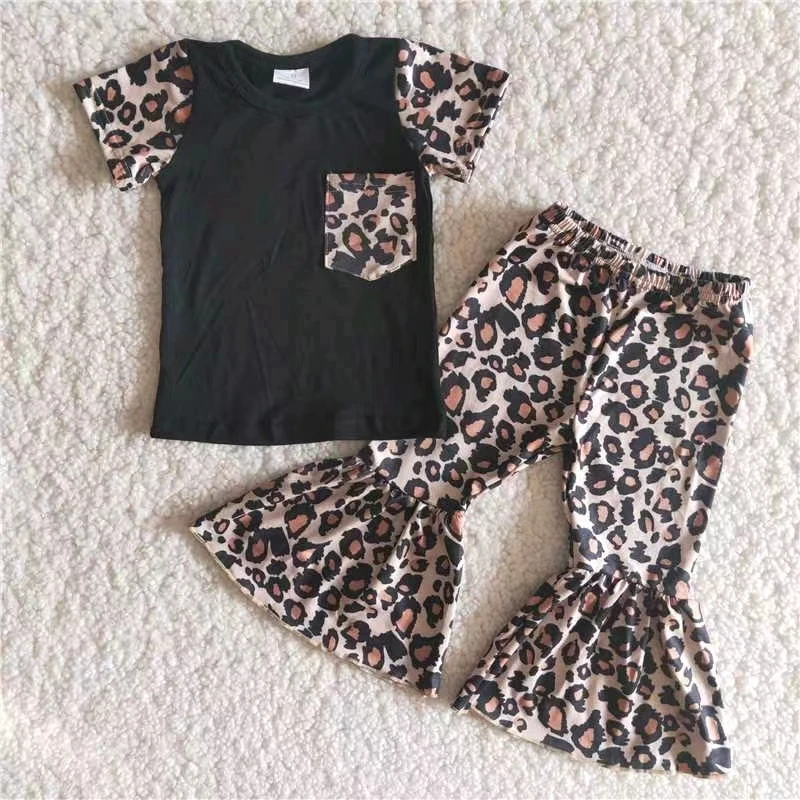 

autumn baby cotton clothes set short sleeve black top and leopard bell bottom pant outfit toddler baby girl clothes set