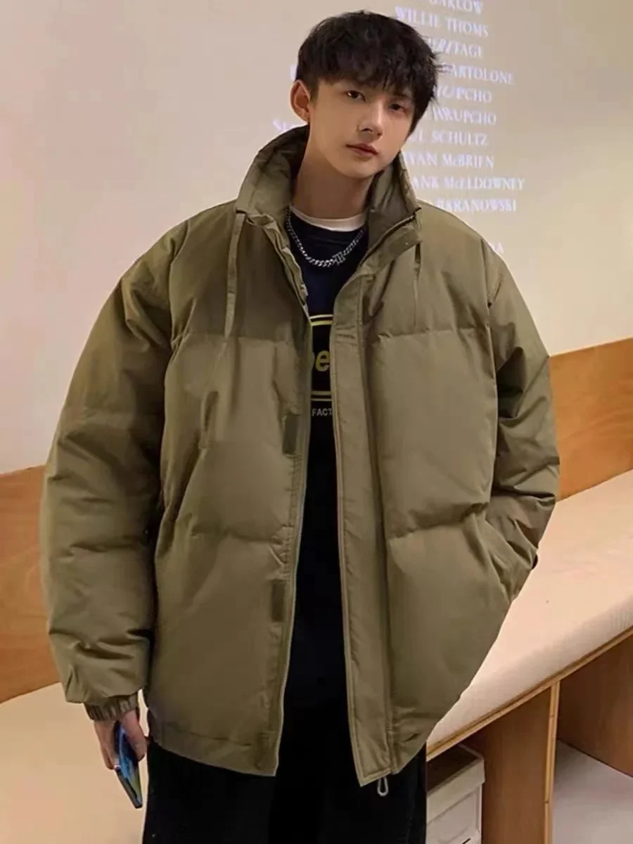 2023 Winter New Men's Cotton Coat Jacket Loose Fit Trendy Casual Versatile Couple's Outerwear Hong Kong Style Solid Color Stand